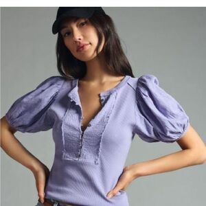 Pilcro Bella Henley Top purple medium short puff sleeves